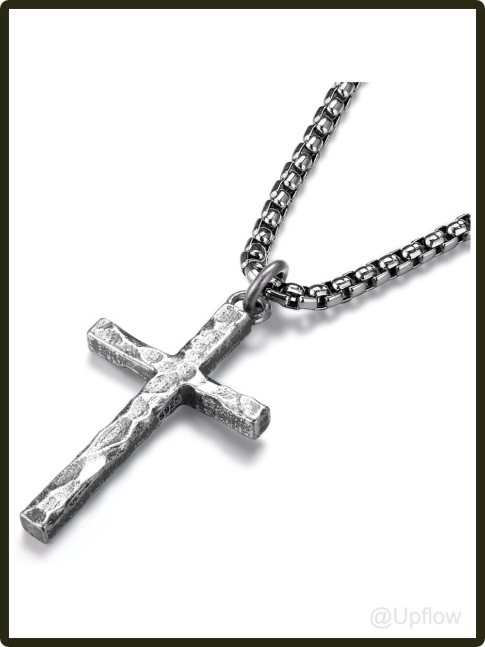 Men's Sterling Silver Cross Necklace Box Chain Hammered Pendant Religious Gift